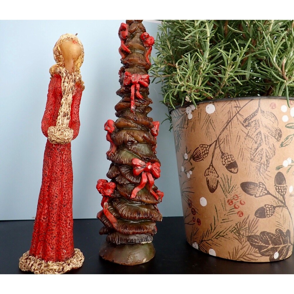 Christmas Candle Set Tall Caroler and Tall Tree Figurine 9" & 11" Height Vintage